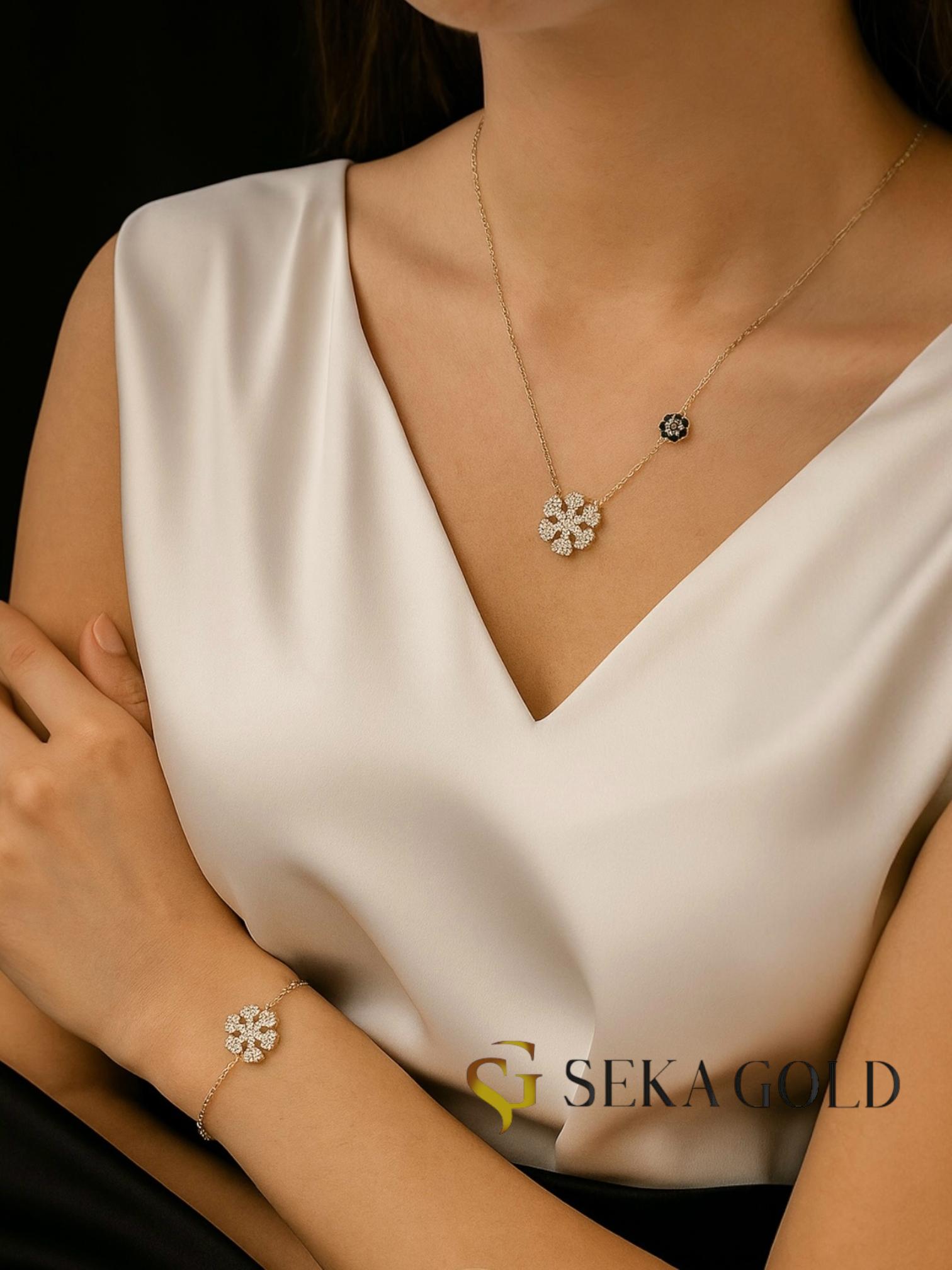 Taşlı Kar Tanesi Kolye Ve Bileklik Set – 925 Ayar Gümüş